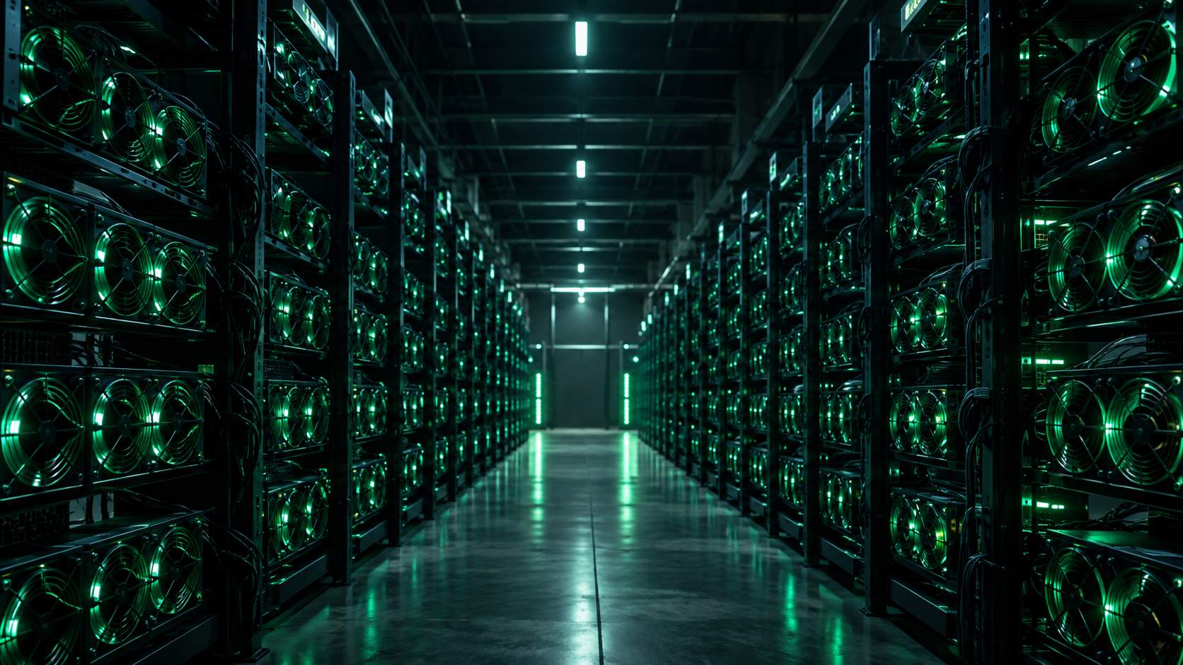 Rows of mining rigs with glowing fans in a dark data center