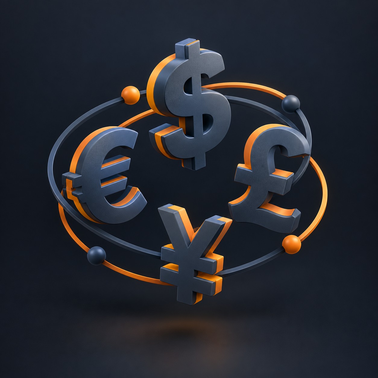 Floating 3d currency symbols of the dollar euro pound and yen orbiting each other