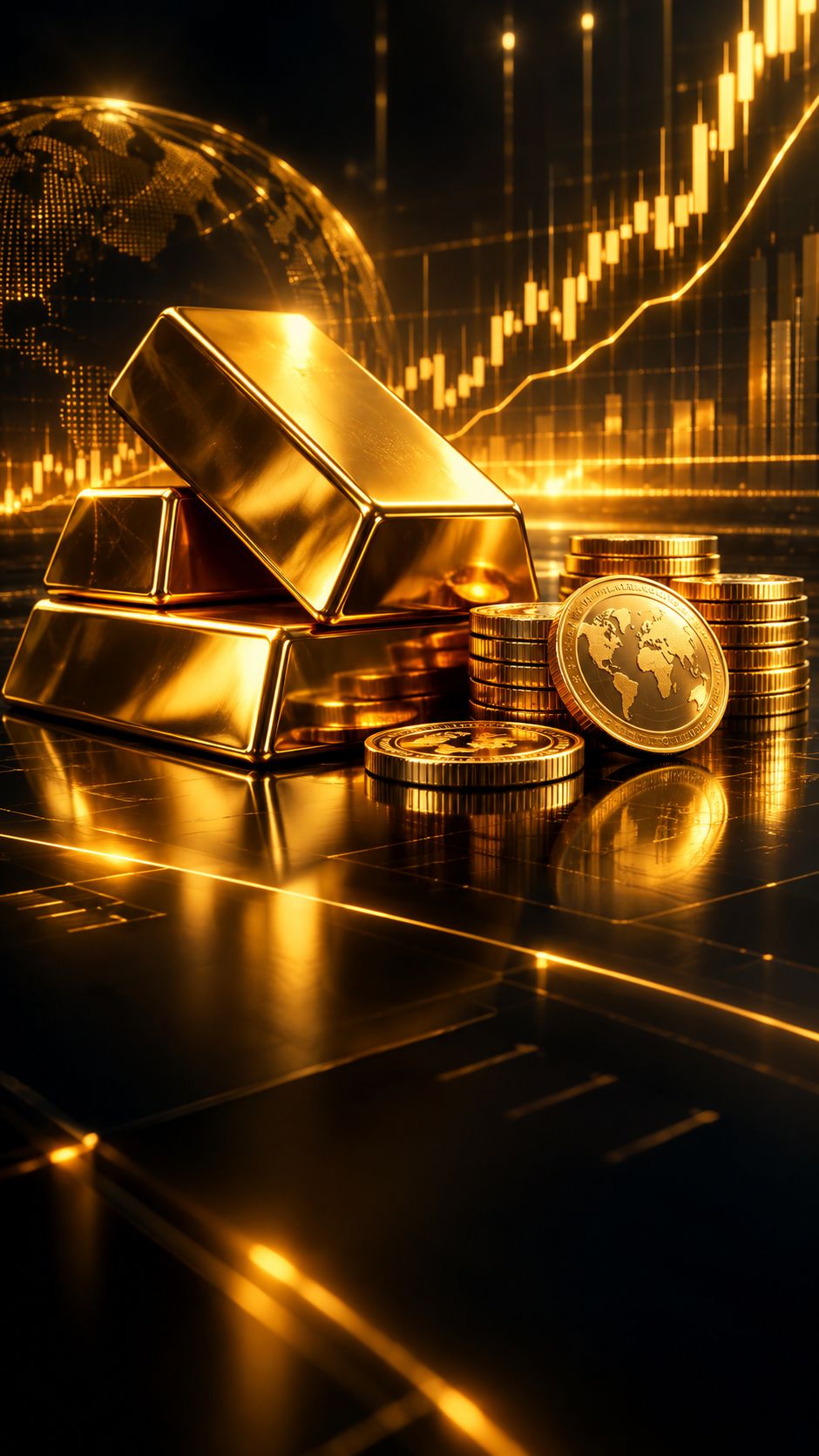 Gold bars next to currency coins with a price chart backdrop