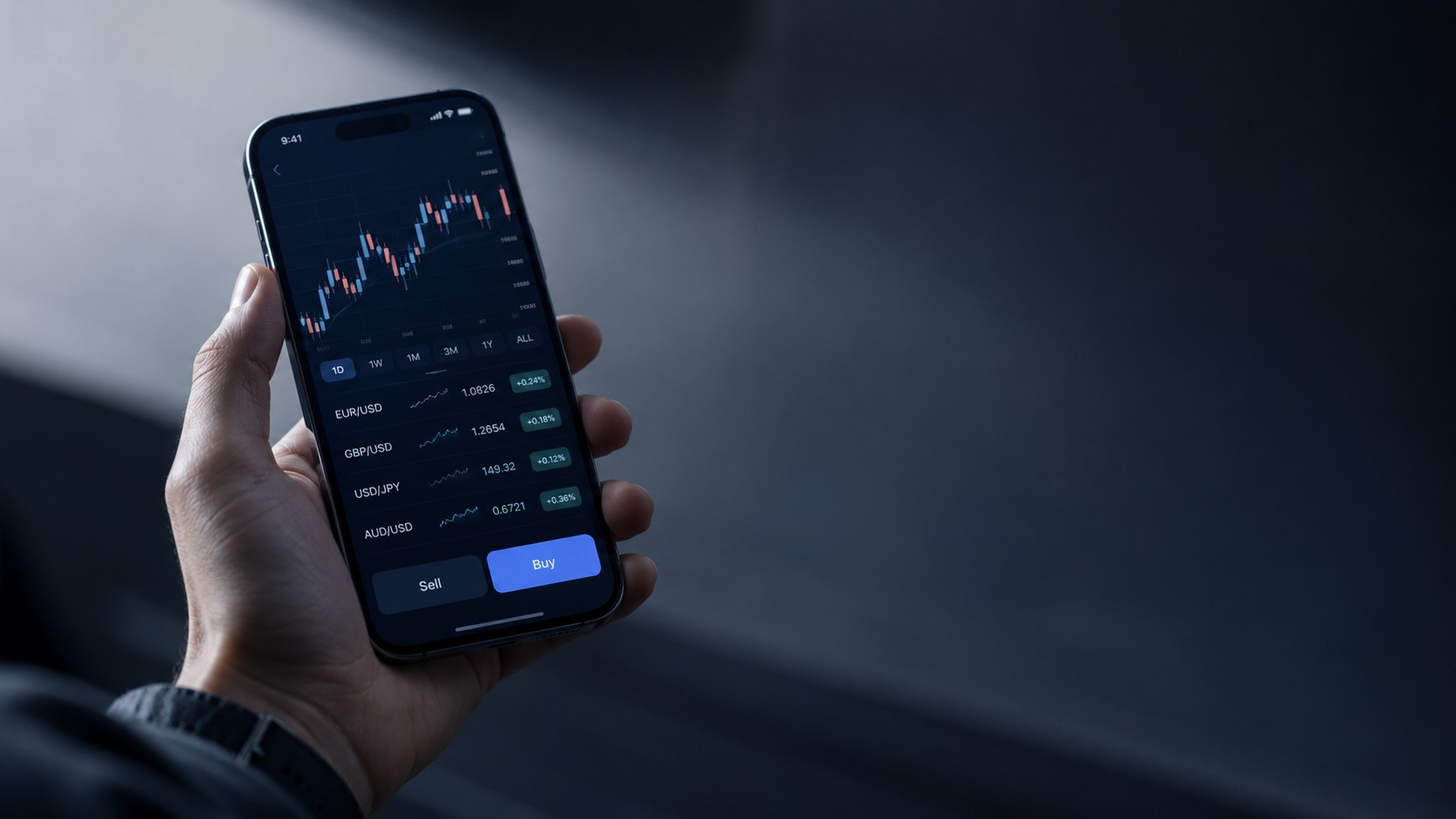 Smartphone showing a clean forex trading interface held in hand