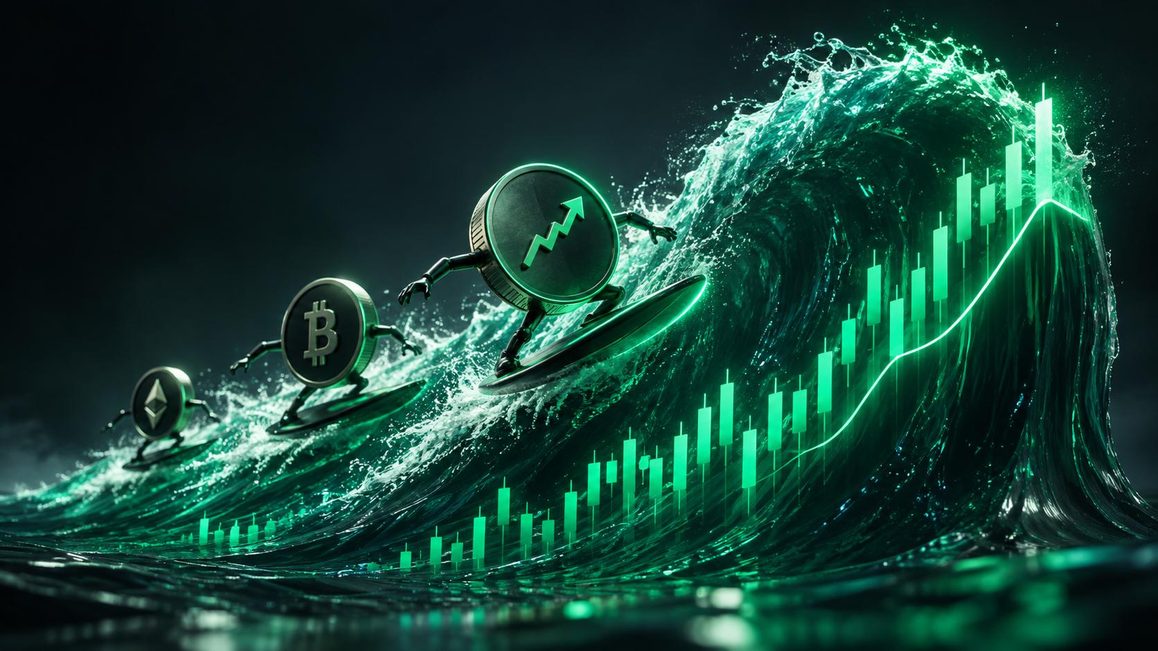 Coins surfing on a huge wave shaped like a price chart