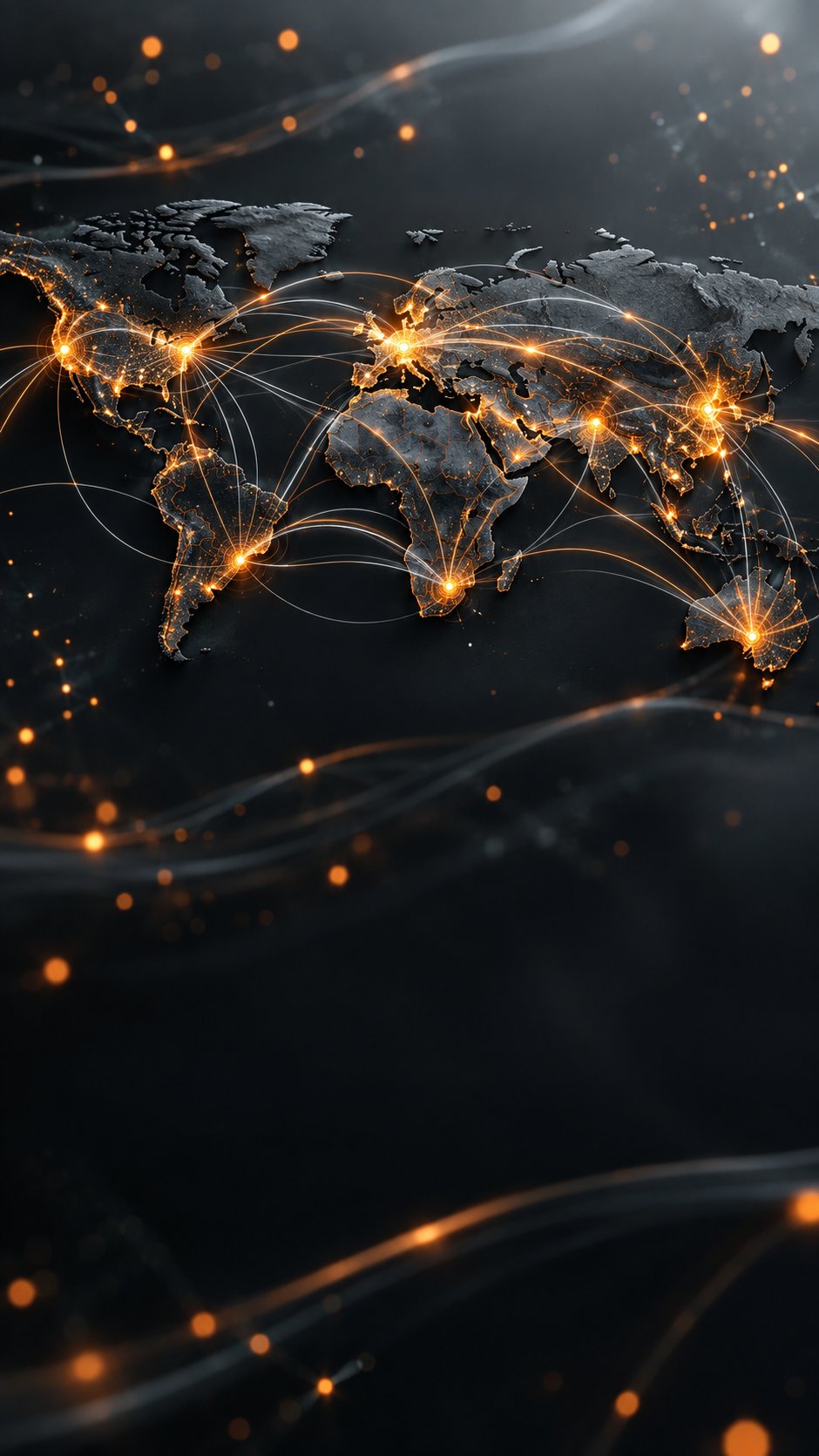 Dark world map with glowing currency flow lines connecting major financial centers
