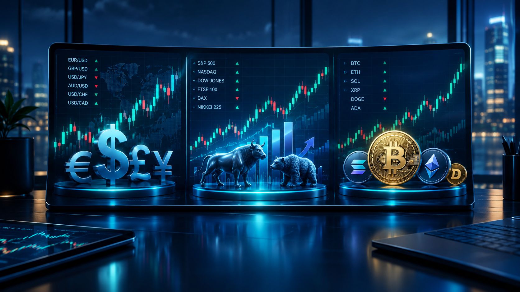 Forex stocks and crypto symbols unified on one glowing trading dashboard